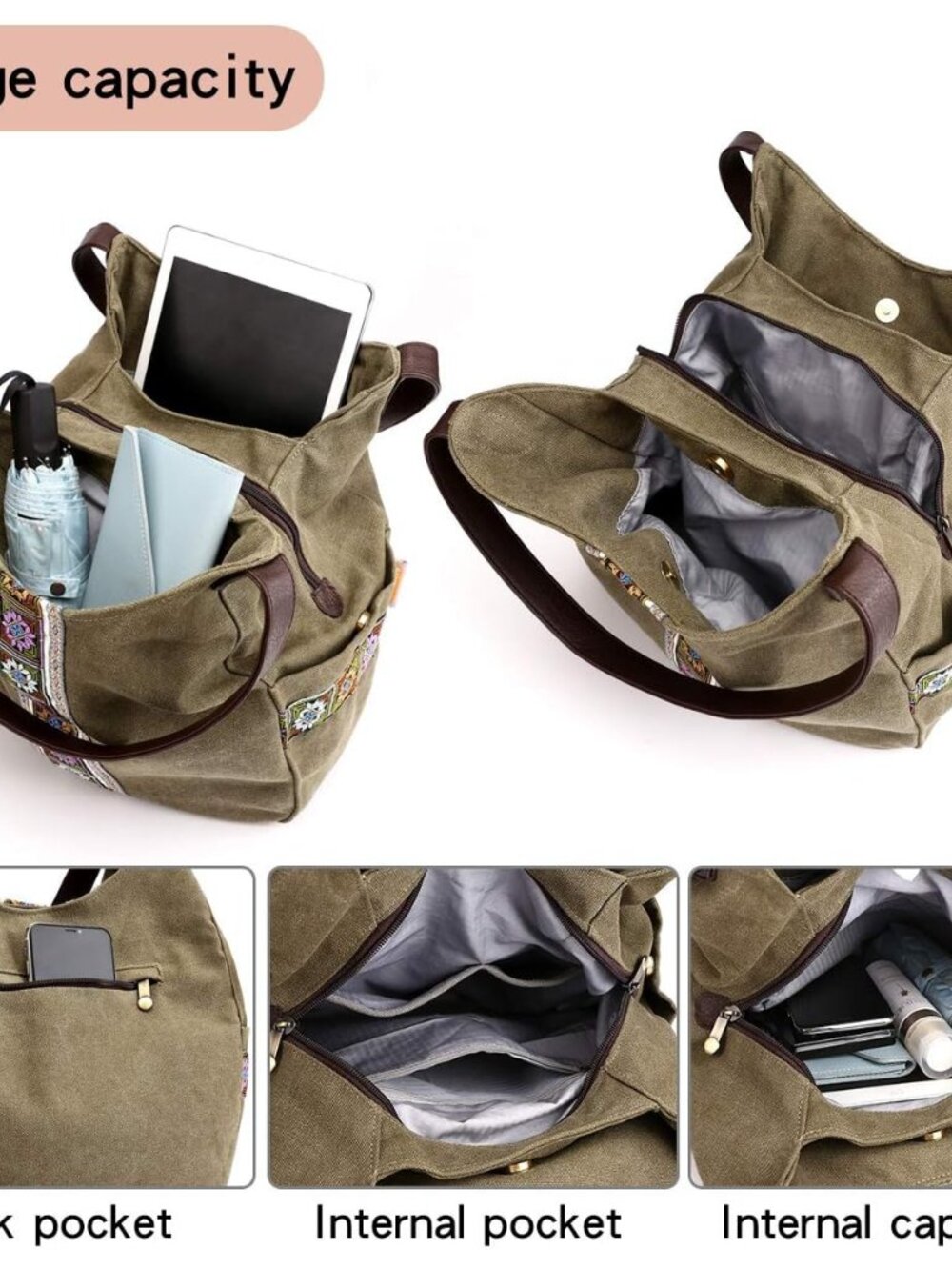 Worldlyda Women Canvas Hobo Purse Multi Pocket Tote Shopper Shoulder Bag Casual - Picture 5 of 7